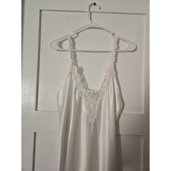 Vintage Dentelle White Satin Slip Nightgown -  Floral Lace Trim Womens Small - Picture 8 of 12